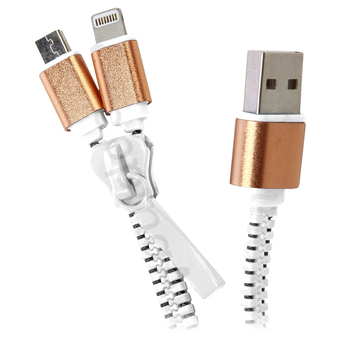 Zipzáros töltő kábel 80 cm, lightning + micro USB, fehér