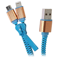  Zipzáros töltő kábel 80 cm, lightning + micro USB, kék 