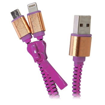 Zipzáros töltő kábel 80 cm, lightning + micro USB, pink