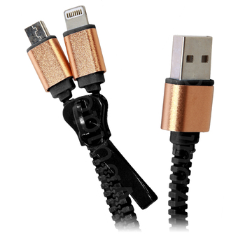 Zipzáros töltő kábel 80 cm, lightning + micro USB, fekete